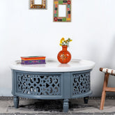 Handmade Carved Mango Wood Round Coffee Table with Jali Work (Grey)